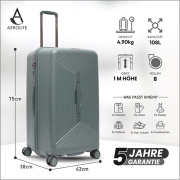 Aerolite 108L Extra-Großer Reisekoffer – Robuste Polypropylen-Hartschale, 4 Doppel-Spinner-Räder, TSA-Schloss, YKK-Reißverschlüsse & Frisch gefüttertes Innenfutter – Dunkelgrün